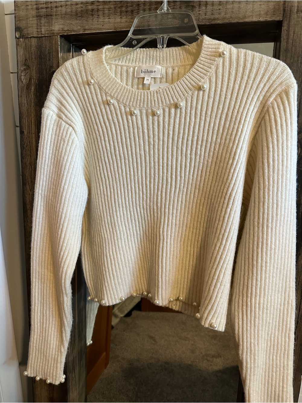 Bohme Women’s M Ivory Pearl Embellished Ribbed Sweater Crewneck Cropped Holiday